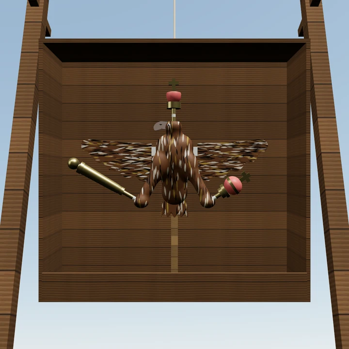 Holzvogel mit Krone, Zepter und Reichsapfel aus der 3D-Spielansicht